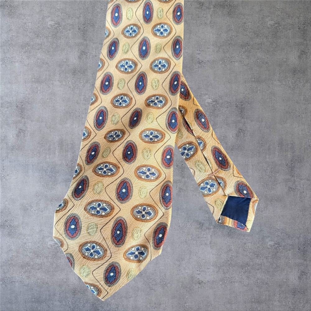 Vintage Coach Silk Tie Mens Yellow Geometric Oval Medallion Retro 90s Necktie